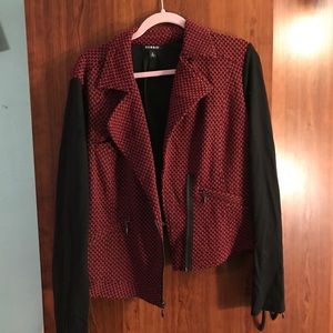 Brick red and black motorcycle Jacket.