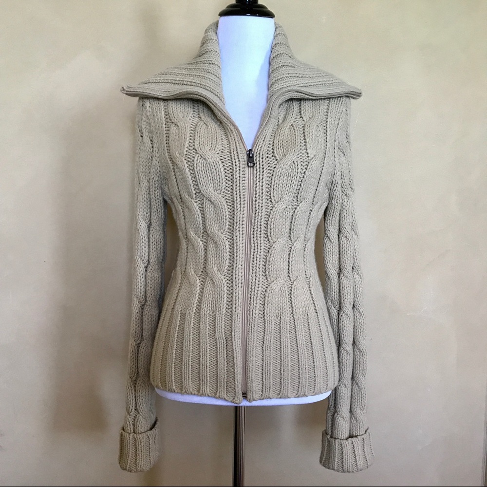 Arizona Tan Chunky Cable Knit Full Zip Sweater