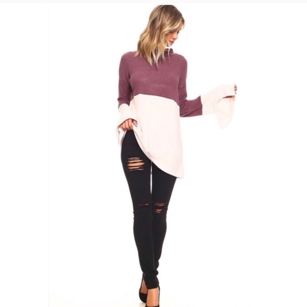 Brushed hacci mock neck tunic top