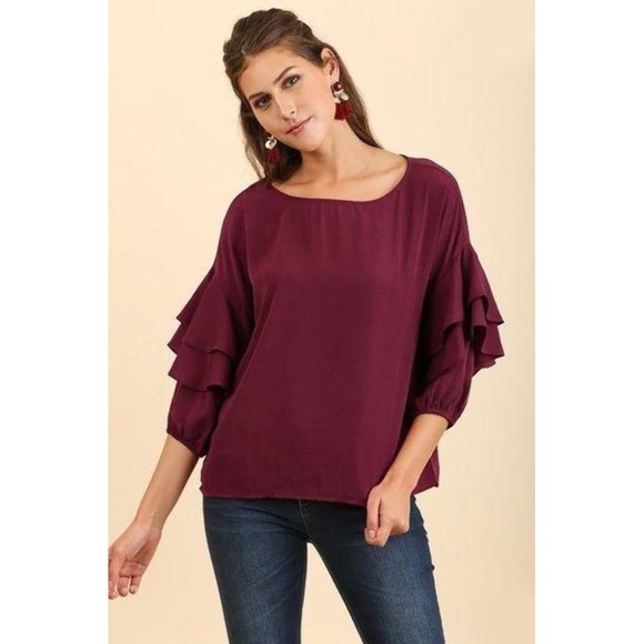 3/4 sleeve double ruffle burgundy blouse - Picture 2 of 4