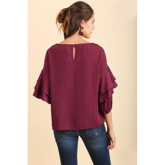3/4 sleeve double ruffle burgundy blouse - Picture 4 of 4