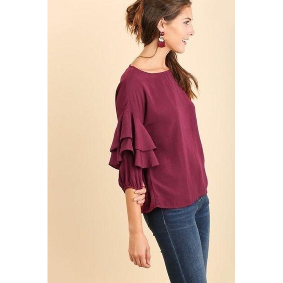 3/4 sleeve double ruffle burgundy blouse - Picture 3 of 4