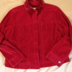 J Jill red corduroy jacket crushed velvet collar.