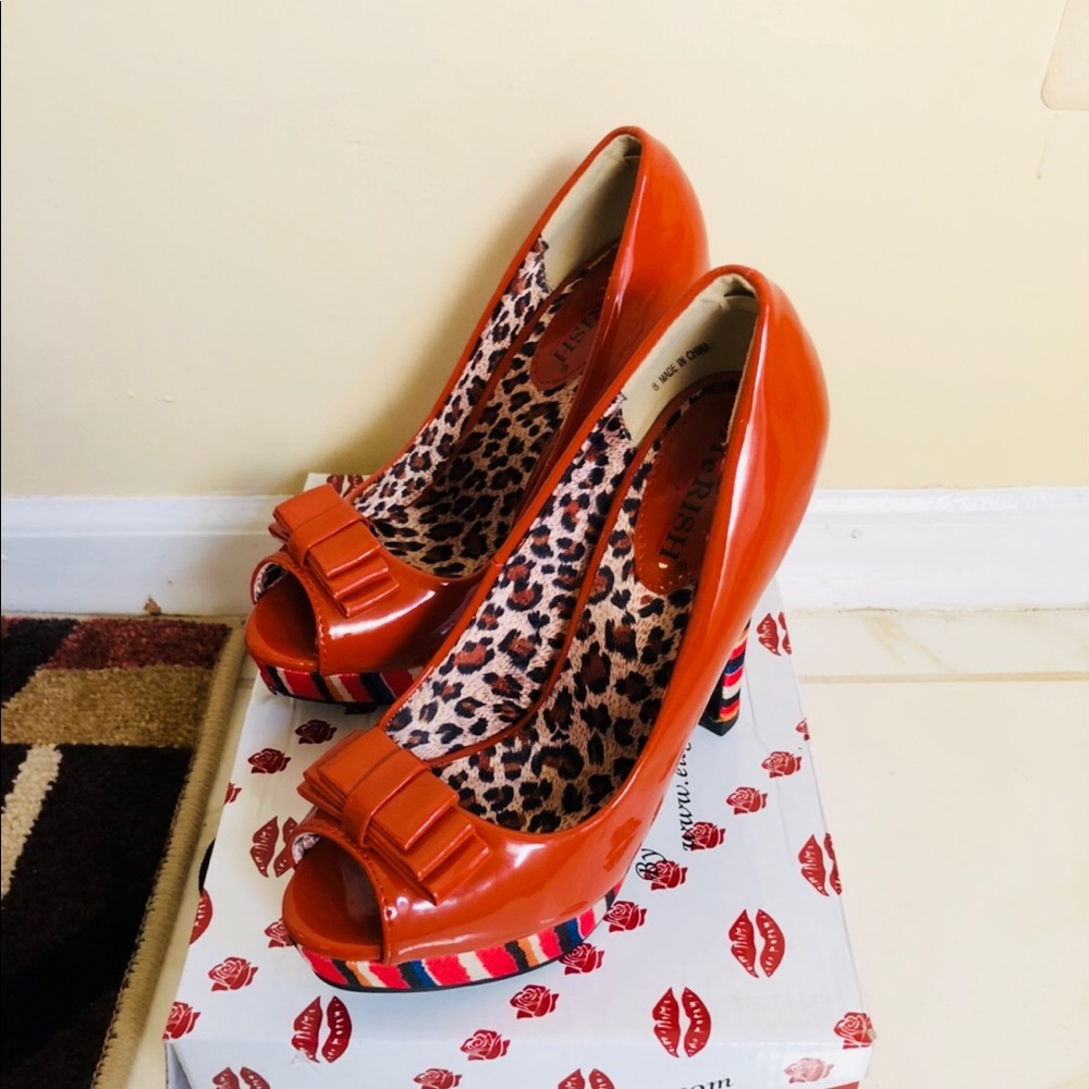 Rust/ orange Peeptoe Pumps with multi colored trim