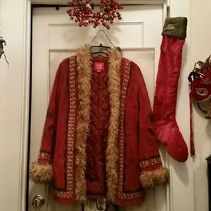 Coat/ Maroonish color, tan, brown