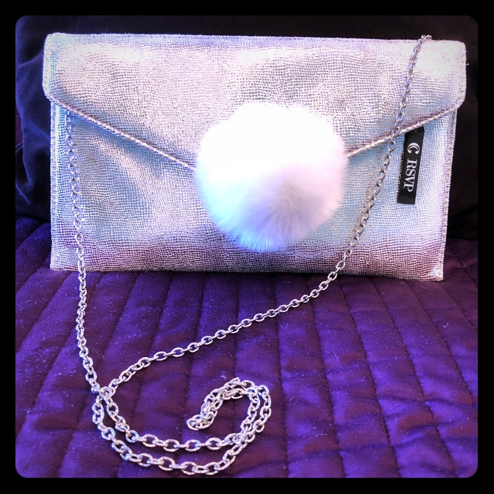 Silver white Elegant with pompom detail Clutch