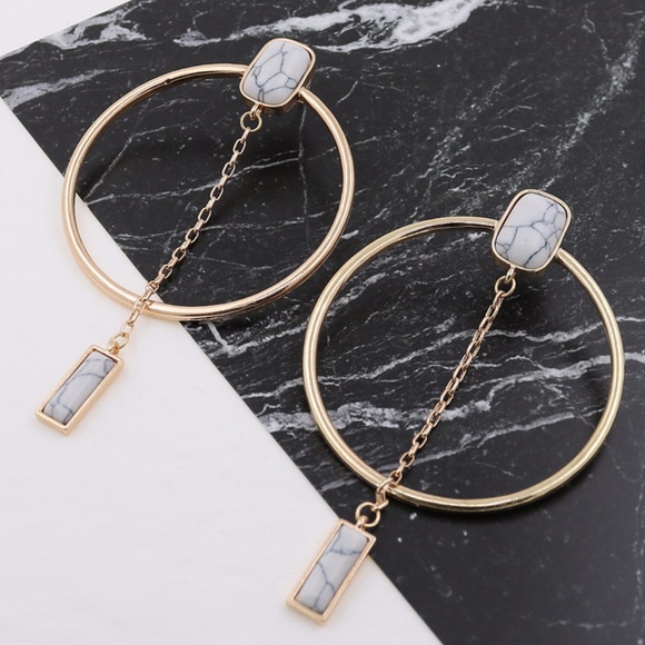 Geometric Stone Hoop Earrings Two Color Options - Picture 4 of 4