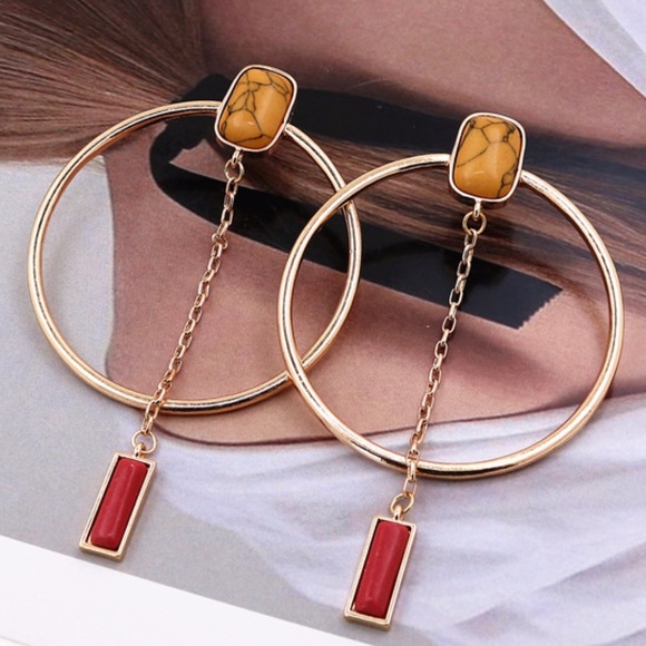 Geometric Stone Hoop Earrings Two Color Options - Picture 3 of 4