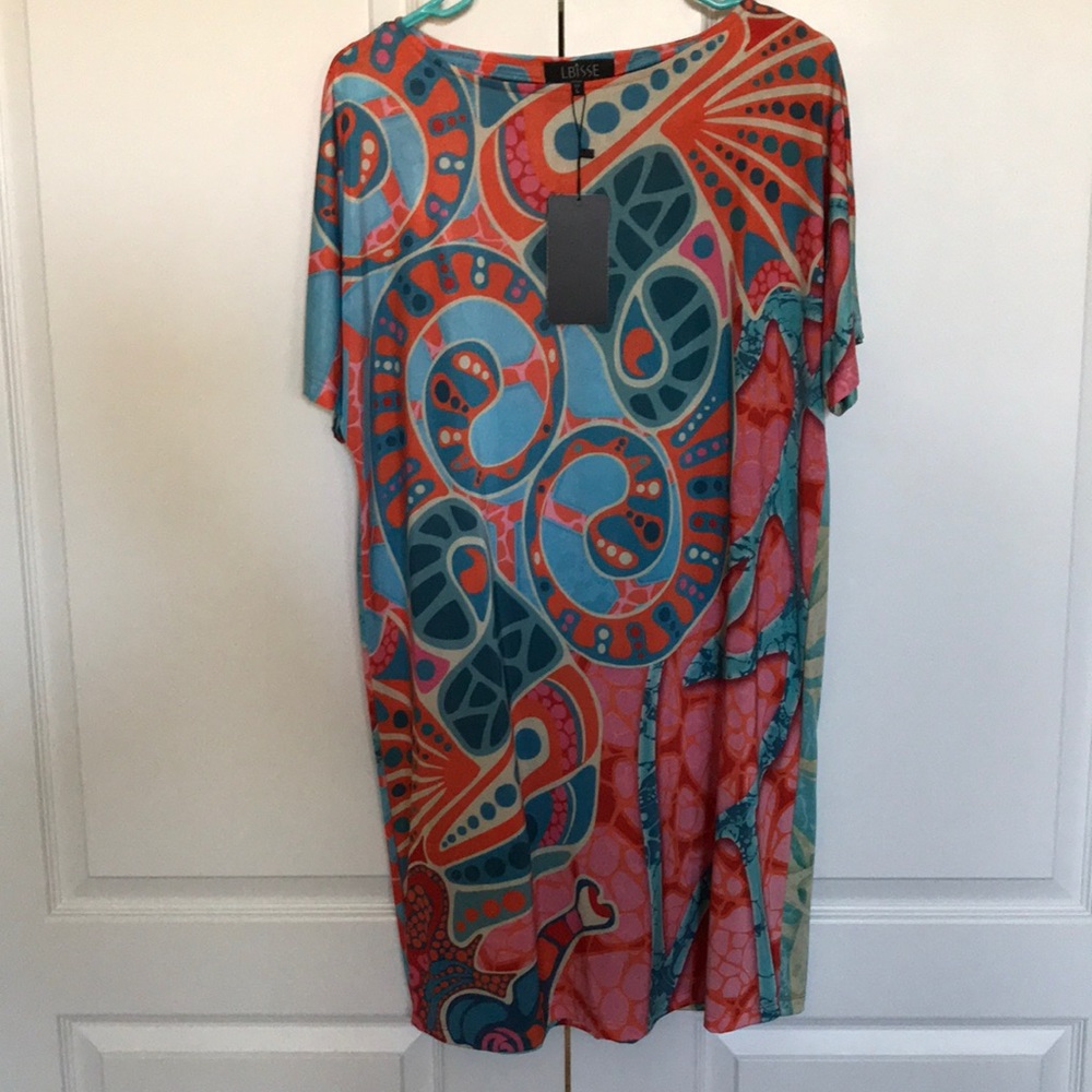 Lbisse Coral and Teal Tropical Print Tunic Dress