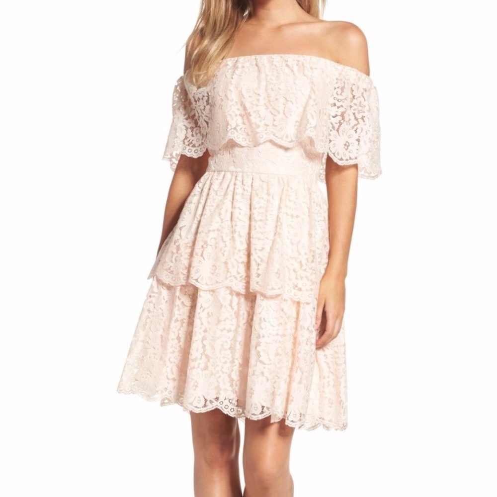 X SOLD X Eliza J Blush Off Shoulder Lace Dress - Picture 1 of 8