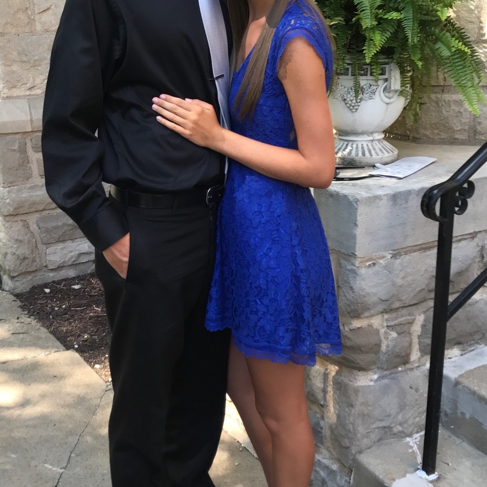 Royal blue lace dress with an open back
