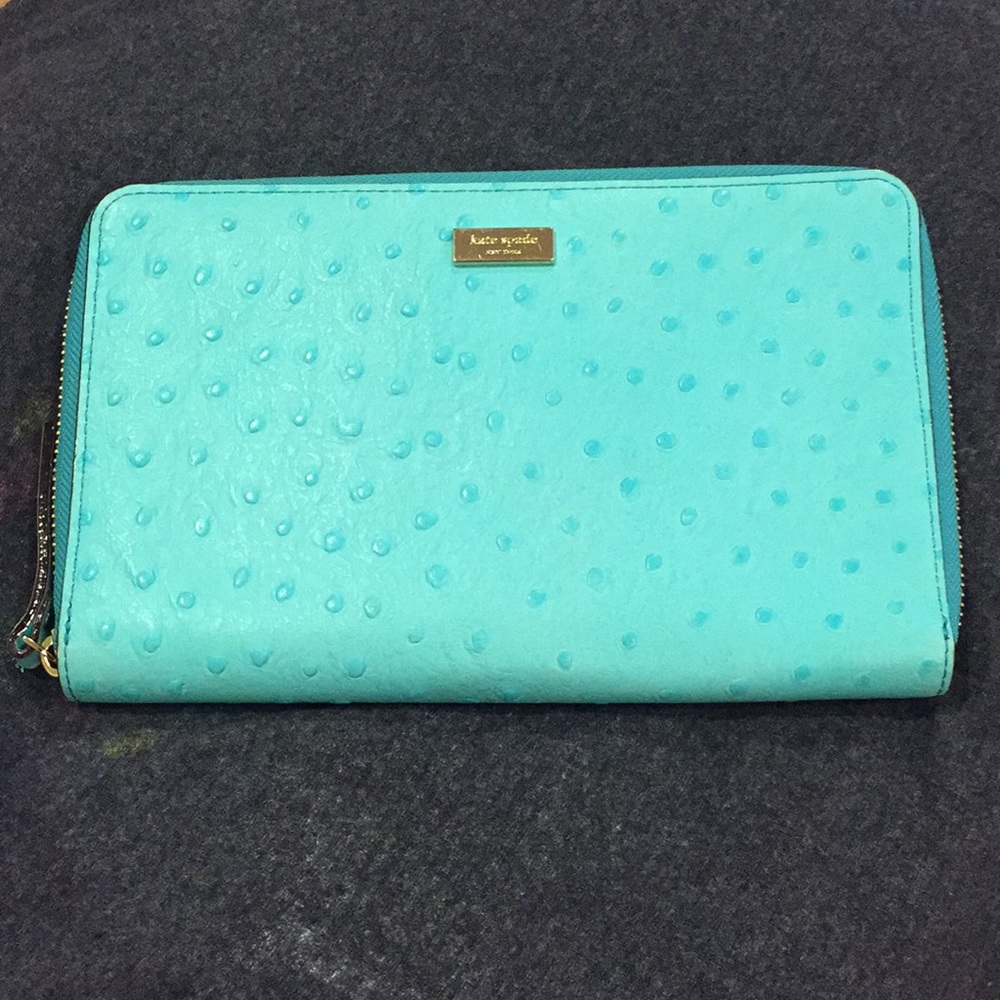 Blue Kate Spade travel wallet ostrich leather