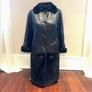 Vintage winter leather coat, faux fur.