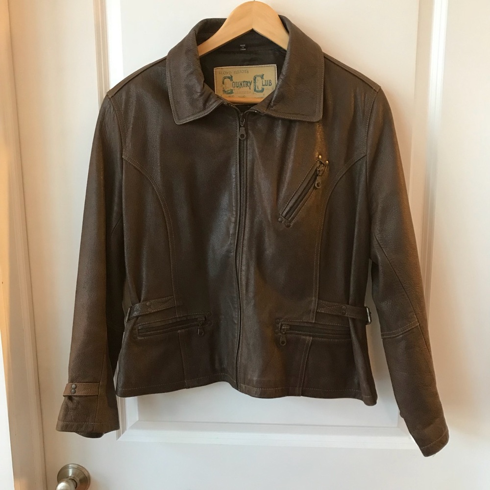 Brown distressed leather bomber jacket size large