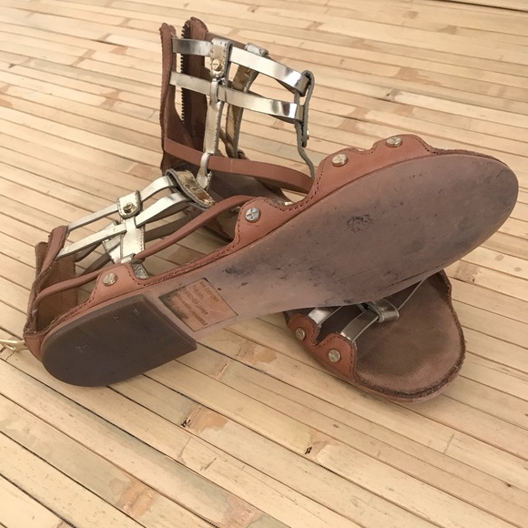 BCBG gladiator sandals in gold and tan leather. - Picture 2 of 5