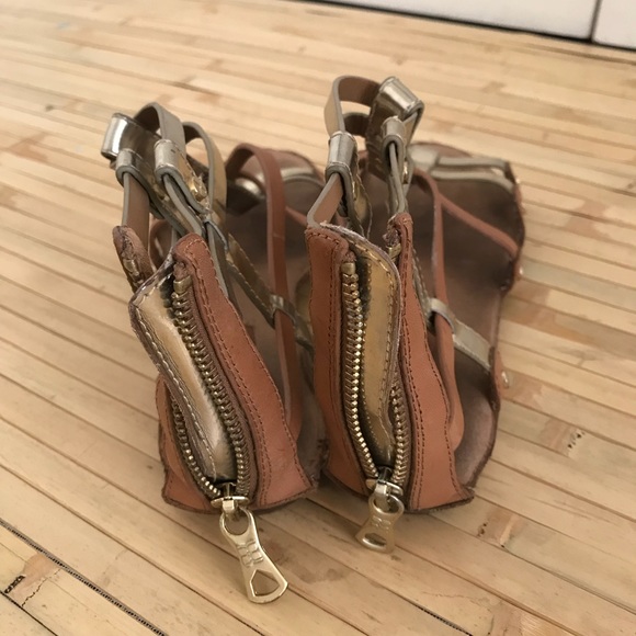 BCBG gladiator sandals in gold and tan leather. - Picture 3 of 5