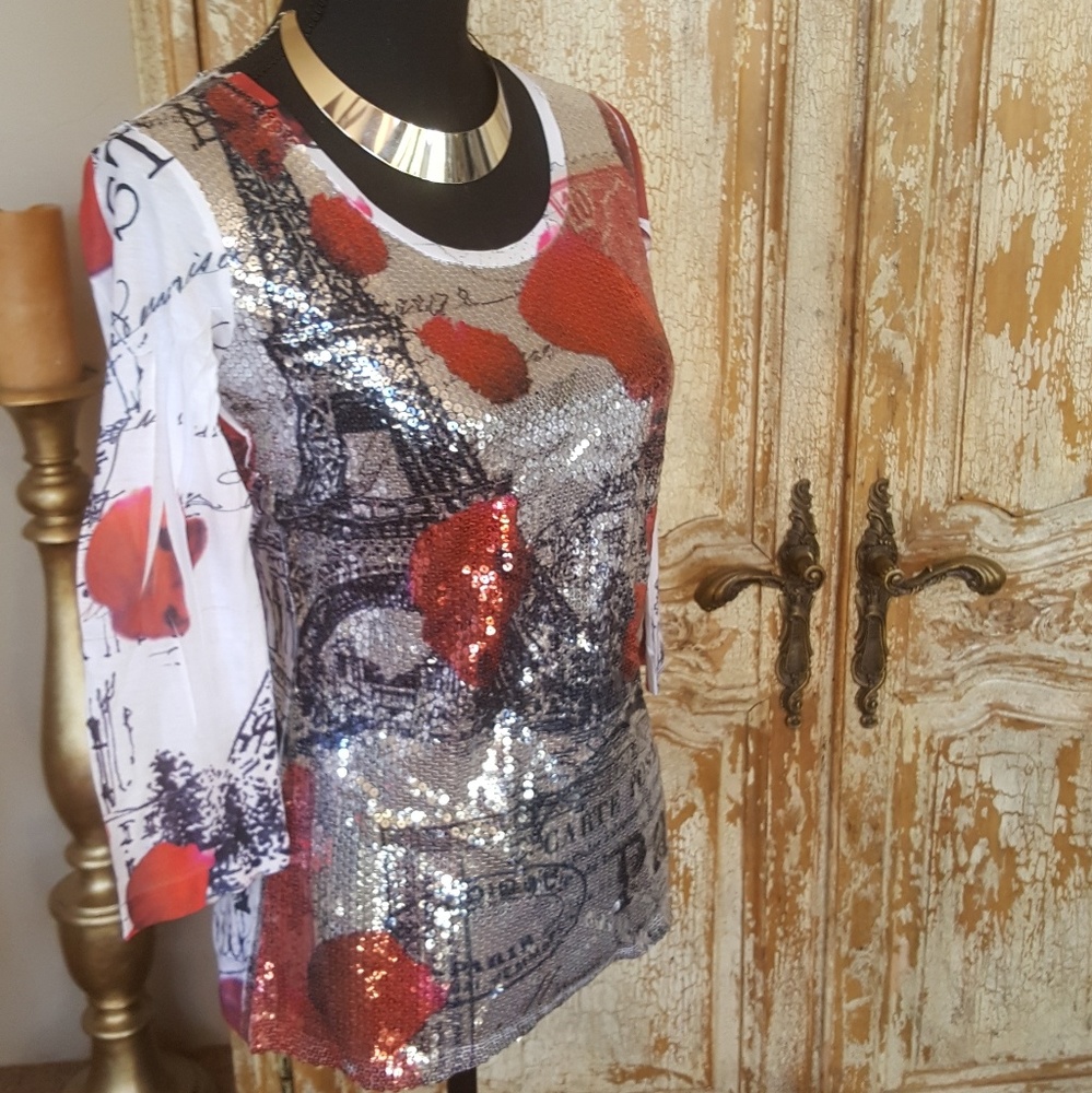 White Sequined Paris Print Tee New Size L