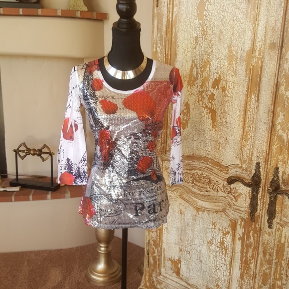 White Sequined Paris Print Tee New Size L - Picture 2 of 5