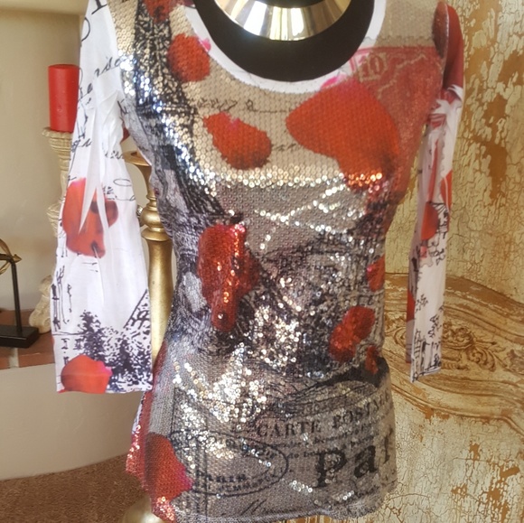 White Sequined Paris Print Tee New Size L - Picture 3 of 5