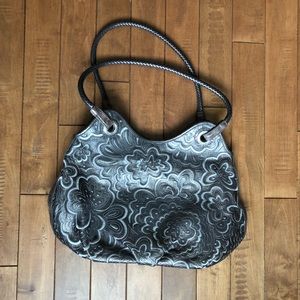 Metallic silver floral shoulder bag