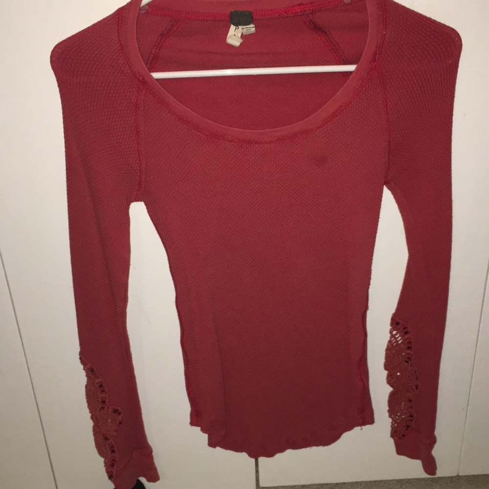 Free people red thermal embroidered sleeves