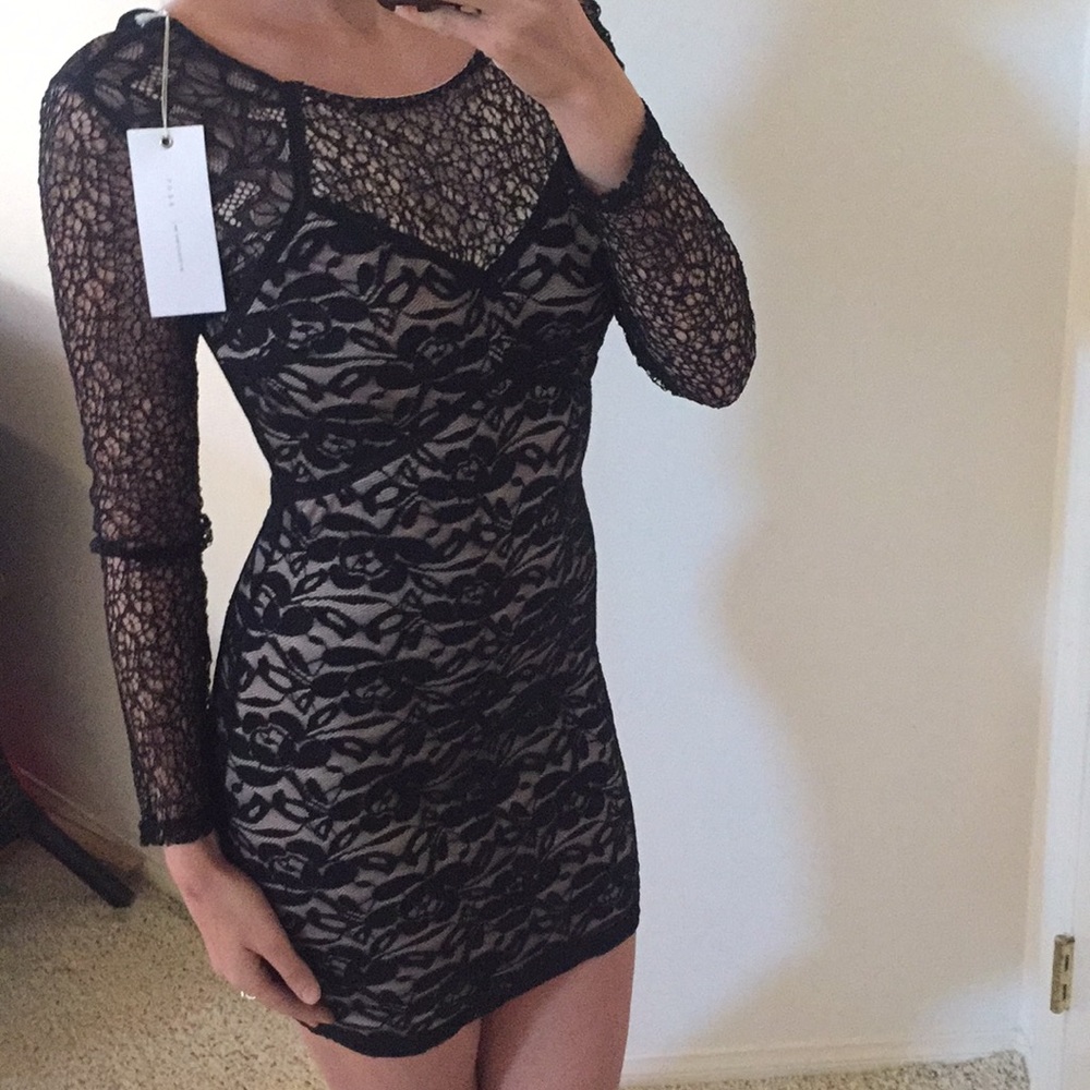 Lace Long-sleeved Black and Nude Dress