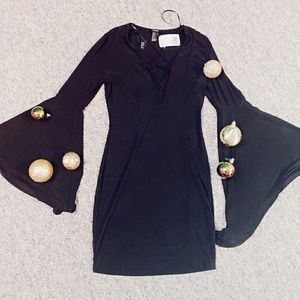 Black Plunge Neck Bodycon Dress w/ Bell Sleeves
