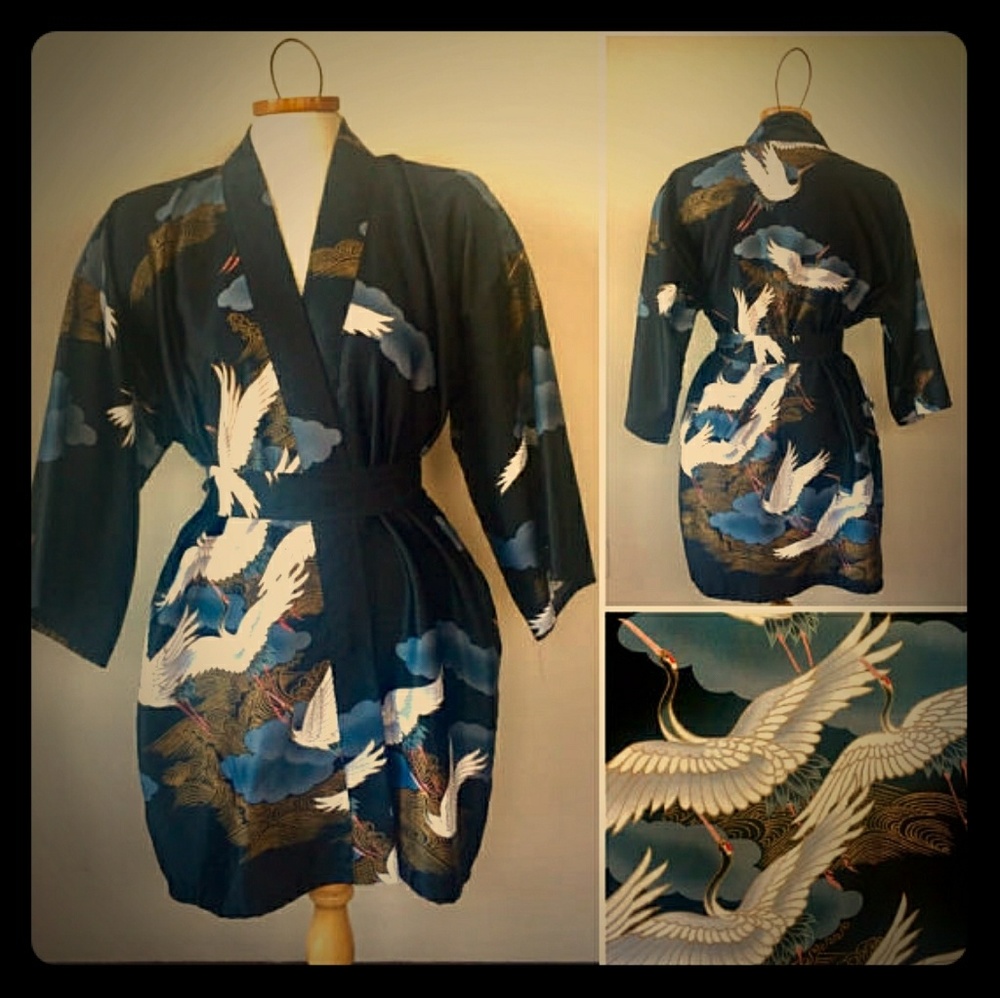 Vintage Kimono, vintage Japanese robe birds cranes