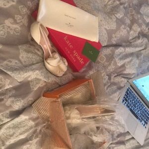 Kate Spade Sala Ivory Satin gold glitter heel