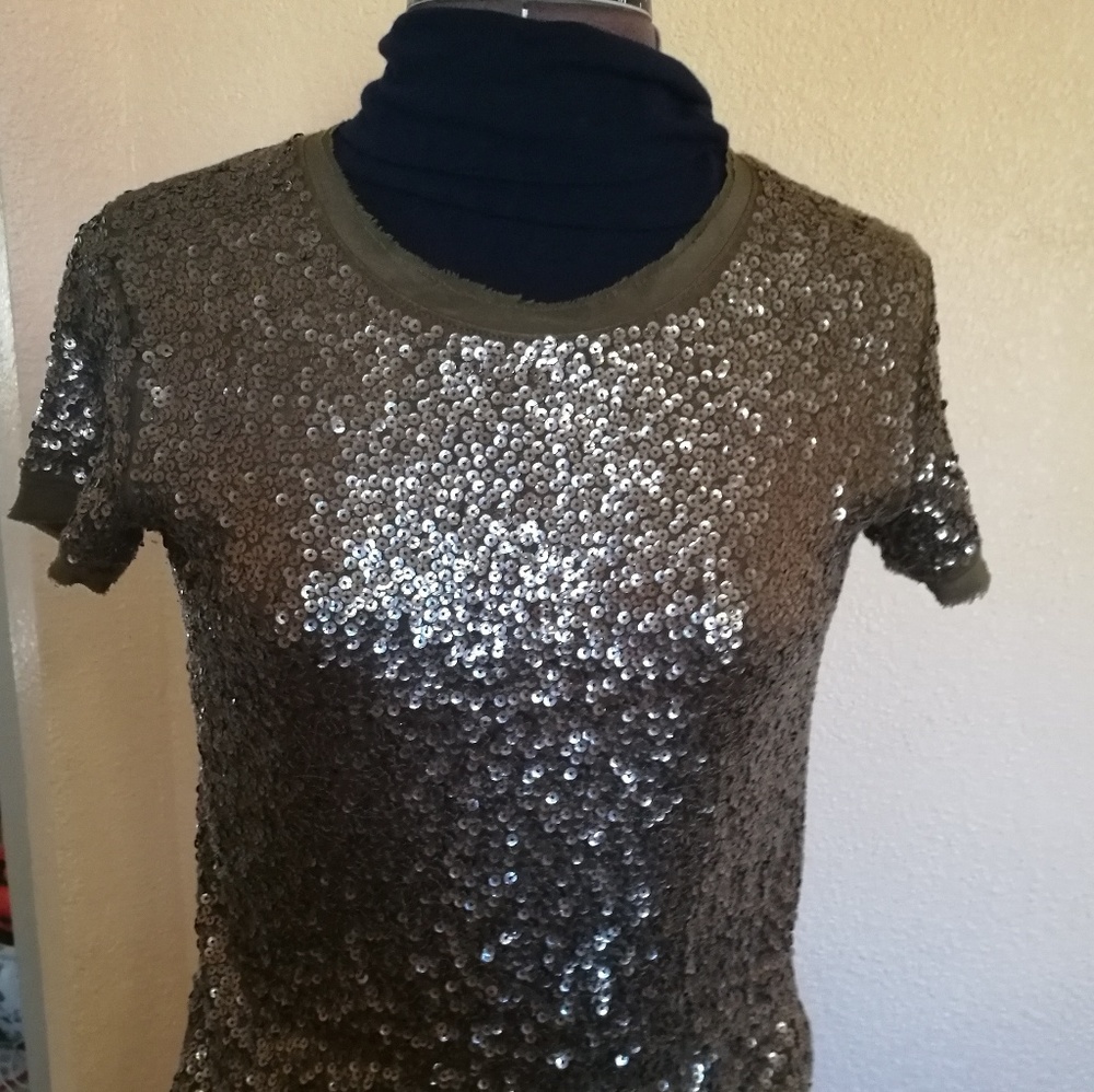 J CREW Sequin top tee olive color