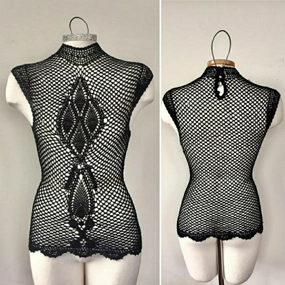 Intricate black crochet net mesh long top or dress
