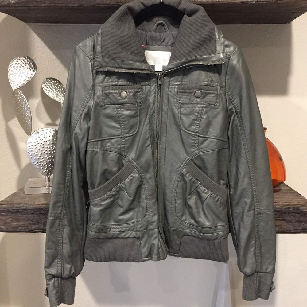 Gray Faux Leather Bomber Jacket Sz S