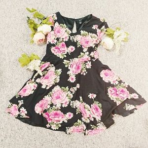 Black Floral Skater Dress with Pink Roses