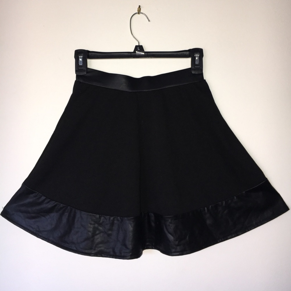Black Skater Skirt W/Faux Leather Detail