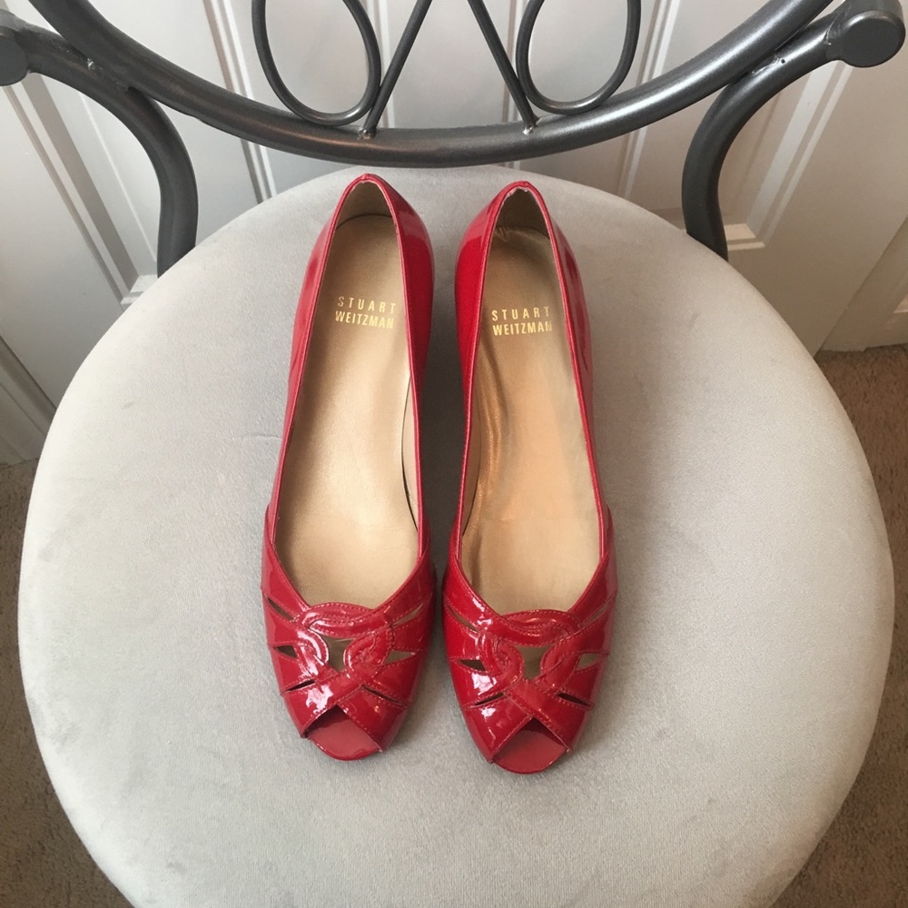 STUART WEITZMAN Patent Peep-toe Wedge Flats