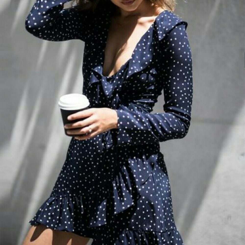 Navy star print wrap dress - Picture 2 of 8